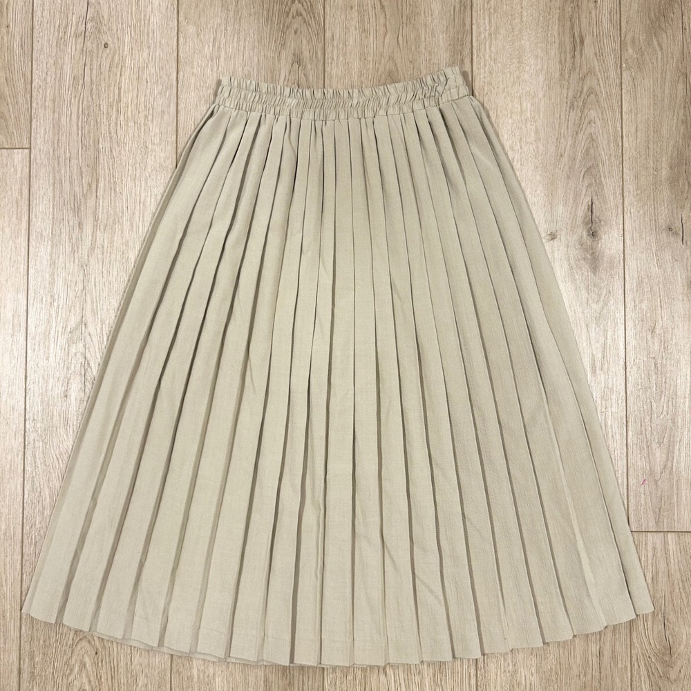 Greenbriar Fashions Vintage Tan Pleated Midi Skirt Elastic Waist 26" 8 Small USA